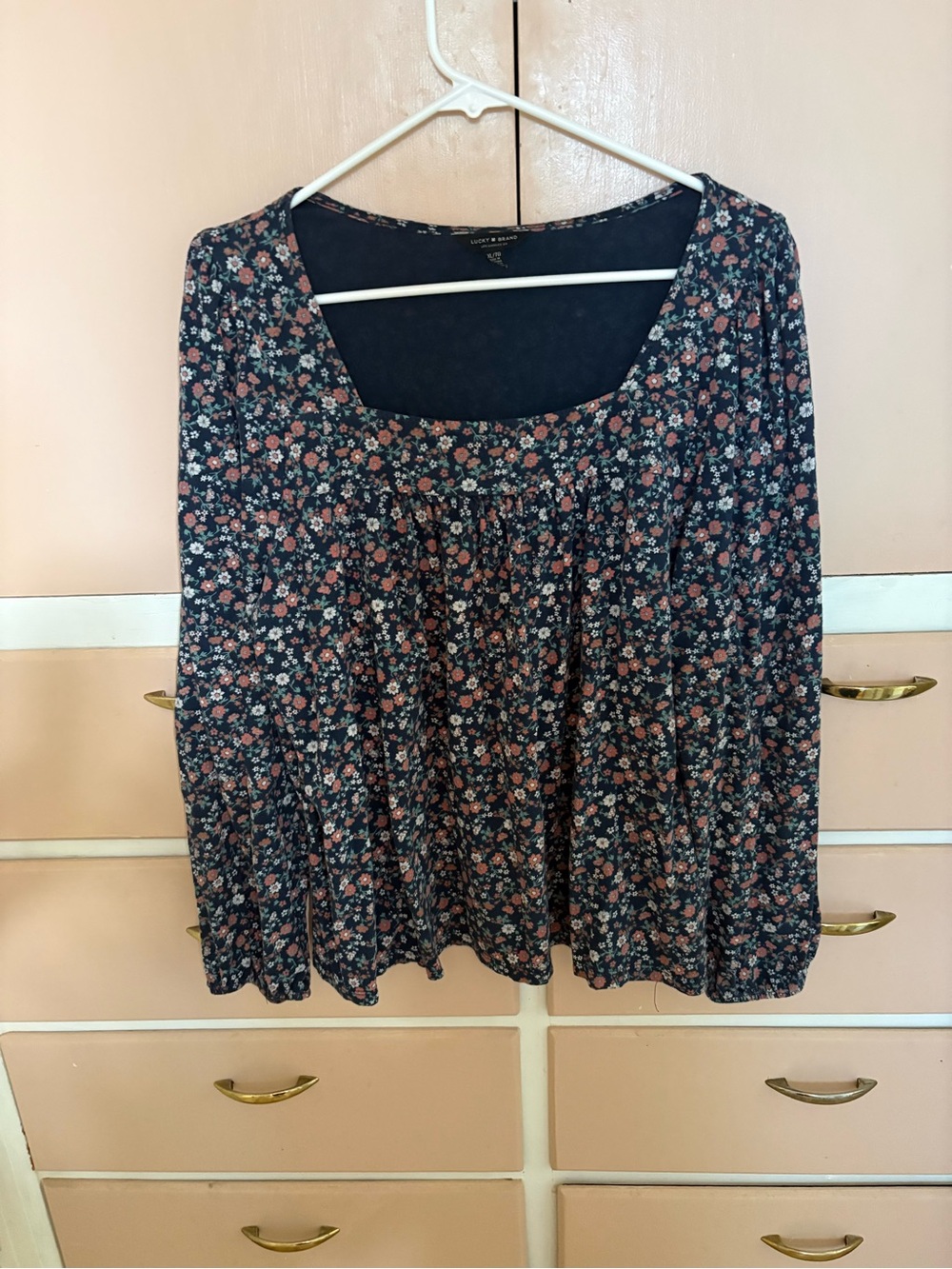 Lucky Brand Navy Floral Scoop-Neck Blouse with Pink & Cream Flowers